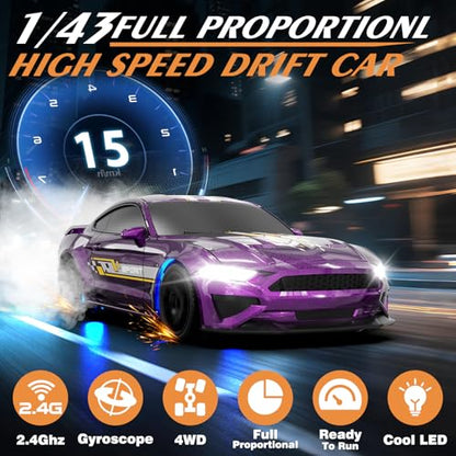 RC Drift Car 1/43 Scale Mini RC Drift Cars with Gyro, 4WD Full Proporitonal High Speed Remote Control Car with LED Lights and Drifting Tire Hobby Racing Cars for Kids Boys Girls, Purple - color: Purple