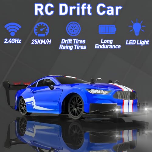 1:20 RC Drift Car for Kids,4WD 2.4GHz 30KM/H High Speed Remote Control Car, Racing Sport Toy Car with LED Lights,Drifting Tires＆2 Batteries (Blue) - color: Blue