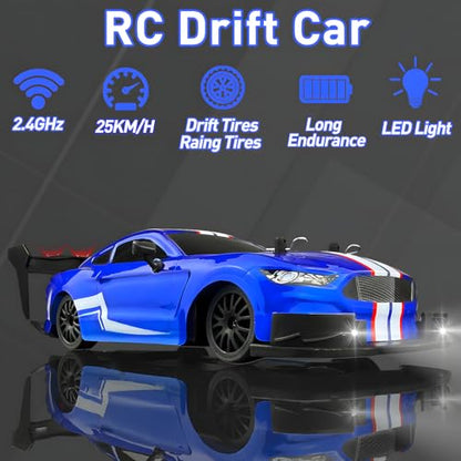 1:20 RC Drift Car for Kids,4WD 2.4GHz 30KM/H High Speed Remote Control Car, Racing Sport Toy Car with LED Lights,Drifting Tires＆2 Batteries (Blue) - color: Blue