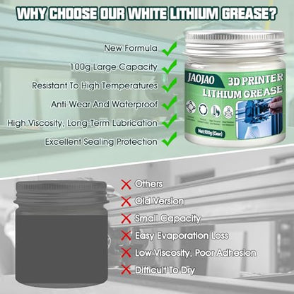 JAOJAO 3D Printer Grease,Reduces Friction & Protects Rails & Bearings, 100g | 3D Printer Lubricant for Lead Screws, X/Y/Z Axis, Gears and Other En der 3 5 V3 SE Office Home Accessories Equipment