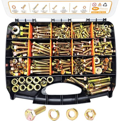 804PCS Assorted Nuts and Bolts with Washers, Grade 8 Bolt Assortment Kit, Including 1/4-20, 5/16-18, 3/8-16, 1/2-13 SAE Size,Yellow Zinc Plated for Automotive,Truck & Mechanical Repair - size: 804pcs SAE 1/4-20 5/16-18 3/8-16 1/2-13