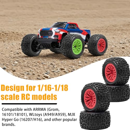 Pre-Glued 1/16 & 1/18 RC Monster Truck Tires, Soft Rubber Tire and Nylon Wheels Rims with 12mm hex Compatible with ARRMA 1/18 Granite/Typhon Grom, WLtoys A949, MJX Hyper Go H16 RC Buggy, 4PCS (Red) - color: Red