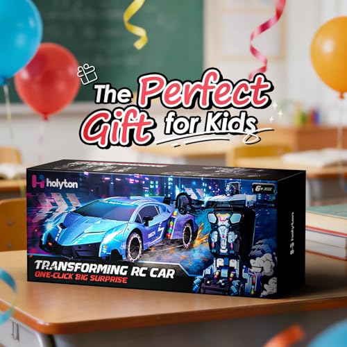 Holyton 1:10 Transforming RC Car, Large Remote Control Car | One-Button Transform to Robot, 2.4GHz Remote Control, Gesture Sensing, LED Lights, 80-Min Playtime, Gift for Kids Ages 5-12 - color: Blue