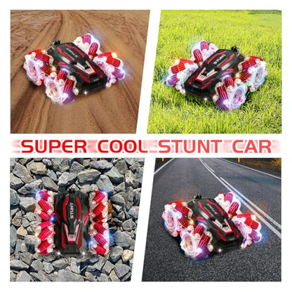 Gesture Sensing RC Stunt Car,360°Flip Double-Sided RC car Toys | 4WD stunt car supports 360° rotating & double-sided driving. Cool lighting and music, RC car toys gift for boys aged 6-12 - color: Light Red