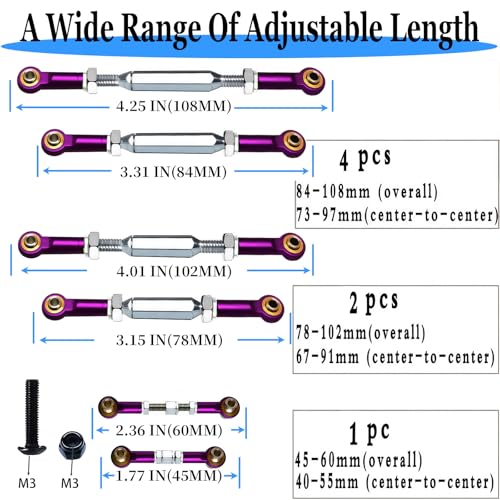 Stainless Steel Links with Spacers fit for 1/10 Traxxas Slash 2WD（VXL）,XZSNLYZ RC Car Upgrade Hops Up Turnbuckles Parts Suitable for Rustler 2WD,Stampede VXL,Slash 4X4,Rustler 4X4,Bandit,Hoss,Purple - color: Stainless Steel & Purple