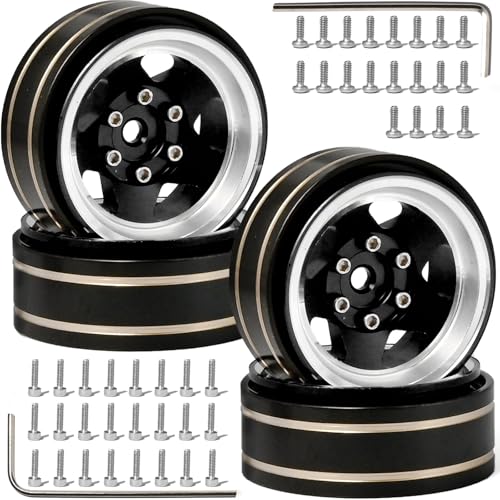 1.3 Beadlock Wheel - Aluminum & Brass Wheel Rims for TRX4M SCX24 1/18 1/24 | Brass Negative Offset 1.3” Wheel Hub Width 15mm OD 37mm with 7mm Hex Fit FMS Ascent-18 RC Car Off Road Tire, 4pcs (Black) - color: Black