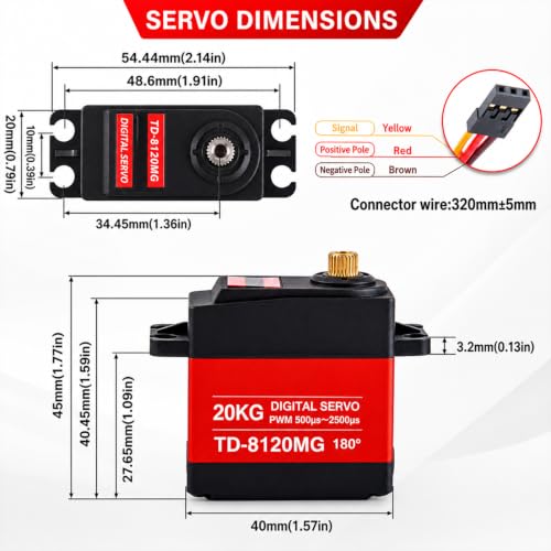 2-Pack TD-8120MG 20kg High Torque 180° Servo Motor | High Torque Full Metal Gear 180 Degree Servo Motor with 25T Metal Servo Arm for 1/8 1/10 Scale RC Car Truck Robot DIY