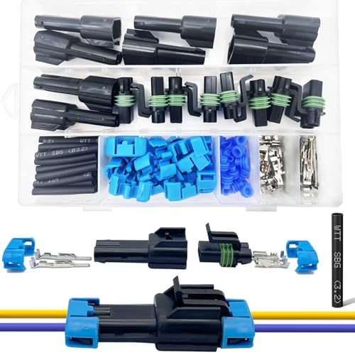 14-12 AWG 2 Pin Connector Waterproof Weather Pack Wire Connectors Kit(8set) | Twippo 2 Wire WeatherPack Male and Female Automotive Electrical Connector Plug Terminals 14-12 Gauge with 32pcs Shrink Tubing - size: 14-12AWG 8Set