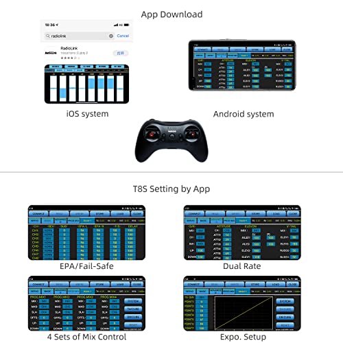 Radiolink T8S 8 Channels 2.4GHz RC Transmitter and Receiver R8EF+R4FGM RX, Remote and Controller Built-in Rechargeable Battery for Quad/Airplane/Car/Boat and More (Mode 2 Left Hand)