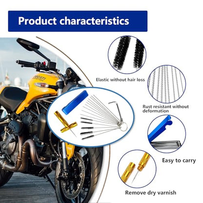 Premium Torch Tip Cleaner Stainless Steel 13 Cleaning Wires Set + 10 Cleaning Needles +5 Nylon Brushes + 1 Throttle Wrench + 1 Sharp Pick, Carburetor Cleaning Kit Heavy Duty Density Nylon