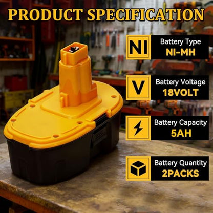 Upgraded 18V Replacement Battery for Dewalt 18V XRP Type Tools 2-Pack | 5.0Ah Ni-MH Battery Compatible with DC9096, DC9071, DE9096 DE9098 ,DW9071, DW9095, DW9096 Power Tools & Chargers
