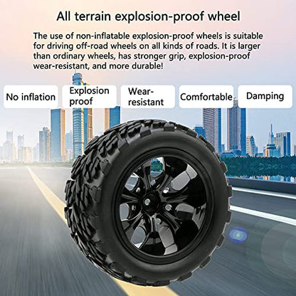 RC Monster Truck Car Wheels, Black, 4x 1:10 Scale | Rubber Tires, 7 Spokes Wheel Rim, RC Parts