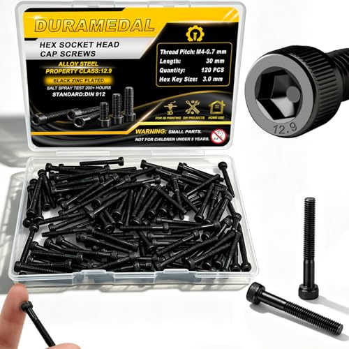120pcs M4 x 30mm Screws, Hex Socket Head Cap Screws Bolts, 12.9 Grade Alloy Steel, Black Zinc Plated, Allen Socket Drive, Half-Threads, Machine Screws - size: M4*30mm 120pcs