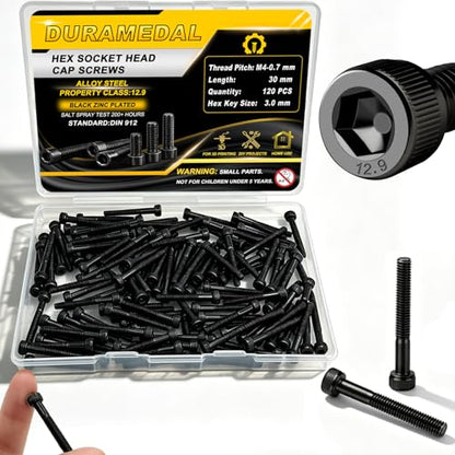 120pcs M4 x 30mm Screws, Hex Socket Head Cap Screws Bolts, 12.9 Grade Alloy Steel, Black Zinc Plated, Allen Socket Drive, Half-Threads, Machine Screws - size: M4*30mm 120pcs