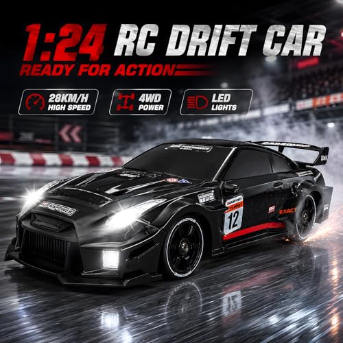 1:24 RC Drift Car for Kids,4WD 2.4GHz 28KM/H High Speed Remote Control Car, Racing Sport Toy Car with LED Lights,Drifting Tires＆Two Batteries (Red-24G1) - color: Red-24g1