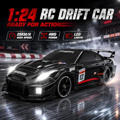 1:24 RC Drift Car for Kids,4WD 2.4GHz 28KM/H High Speed Remote Control Car, Racing Sport Toy Car with LED Lights,Drifting Tires＆Two Batteries (Red-24G1) - color: Red-24g1