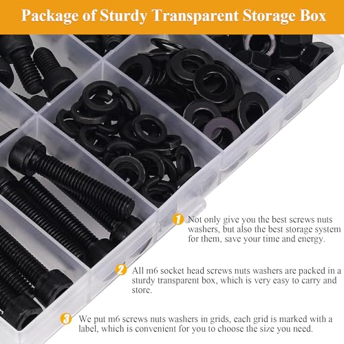 129 Pieces M6 Screws Nuts Washers Set Black, Sutemribor M6 x 8/10/12/16/20/25/30mm Hex Socket Head Cap Screws Nuts Washers Assortment Kit, 12.9 Grade Alloy Steel, Fully Threaded - size: M6, style: Socket Head