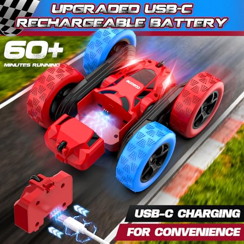cosone Red Blue RC Stunt Car for Boys Girls | 360° Spinning Tricks, Double-Sided Driving, LED Lights, USB-C Rechargeable, One-Click Demo - color: Red&blue Pro