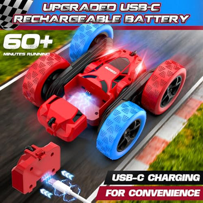 cosone Red Blue RC Stunt Car for Boys Girls | 360° Spinning Tricks, Double-Sided Driving, LED Lights, USB-C Rechargeable, One-Click Demo - color: Red&blue Pro