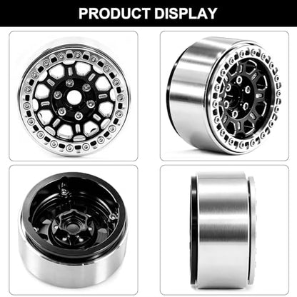 1.9" Beadlock Wheels and Tires (90mm/3.54in) for MJX Hyper Go H12Y, MN128, 1/12 RC Crawler, CNC Aluminum Wheels, Soft Rubber Tires with Foam Inserts, Installation Tool Included (Black) - color: Black