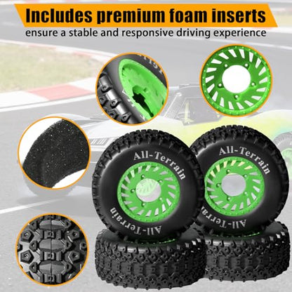 1/10 RC Short Course Truck Wheel Tires Set- 12mm/17mm Hex, Green | All-Terrain Tires and Nylon Wheels Compatible with 1/10 Traxxas Slash 4WD 2WD Arrma Senton Axial Losi Redcat RC Buggy, 4-Pack - color: Green
