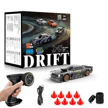 RC Drift car, 1/43 Mini Rc Drift car with Gyroscope, 2.4GHz Full Proportional Remote control Cars, 4WD High Speed Racing with Lights, Racing Tires, Model Cars Gift for Adults, Kids, Boys, Girls - color: Black