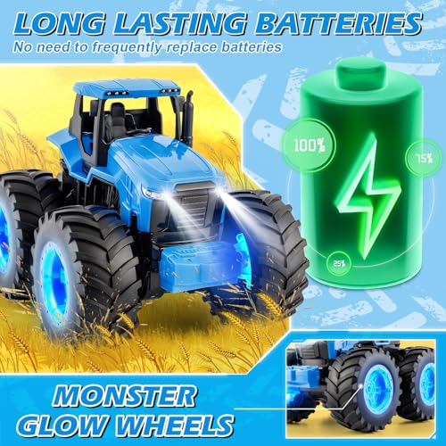 BAYSING Remote Control Monster Tractor Toy, Blue Light Up Monster Truck Toy | LED Lights Toddlers RC Farm Vehicle for 3, 4, 5, 6, 7 years old Boys ＆ Girls Ideal Christmas, Birthday Gifts for Kids - color: Blue