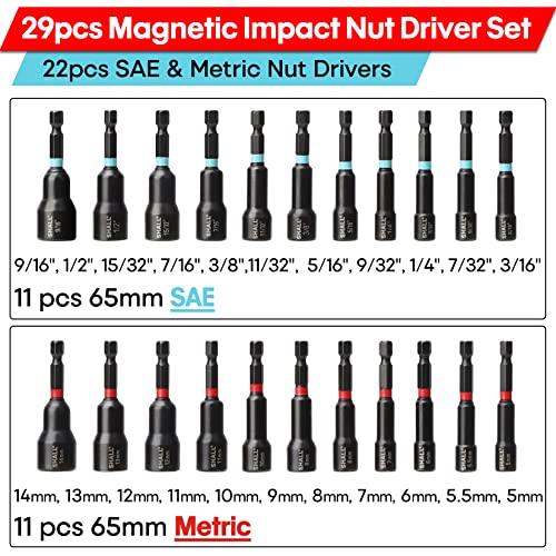SHALL 29PCS Magnetic Nut Driver Set, Impact Drill Driver Bit 1/4" Hex Shank, SAE & Metric Cr-V Steel Power Nut Drivers with Quick-release Extensions, Impact Socket Adapters, Bit Holder and Storage Bag - size: Variety Pack