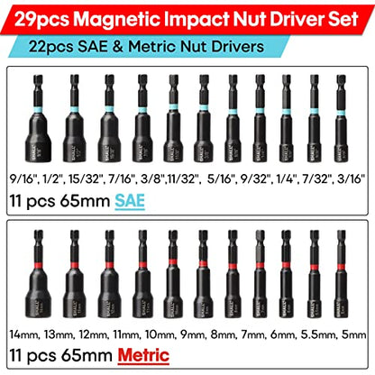 SHALL 29PCS Magnetic Nut Driver Set, Impact Drill Driver Bit 1/4" Hex Shank, SAE & Metric Cr-V Steel Power Nut Drivers with Quick-release Extensions, Impact Socket Adapters, Bit Holder and Storage Bag - size: Variety Pack