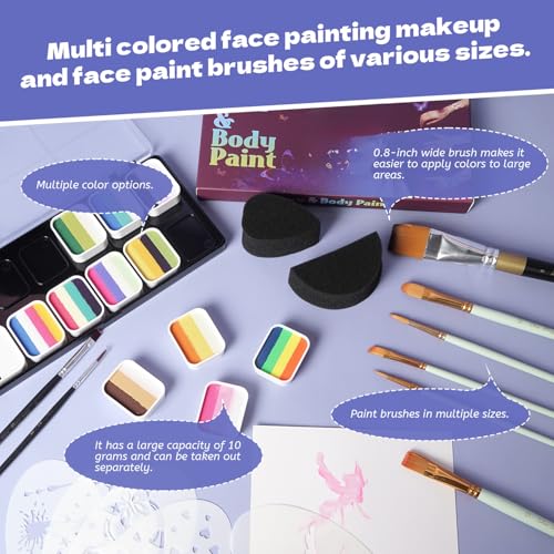 Pintada 120g Large Capacity Face Painting Kit for Kids - 12 x 10g Non Toxic Water Activated Face Paint Palette with Brush, Stencil, Gem, Sponge. For Halloween , Carnival, Party, Festivals & Events. - color: 12 Color Face Paint - 23 Piece Set