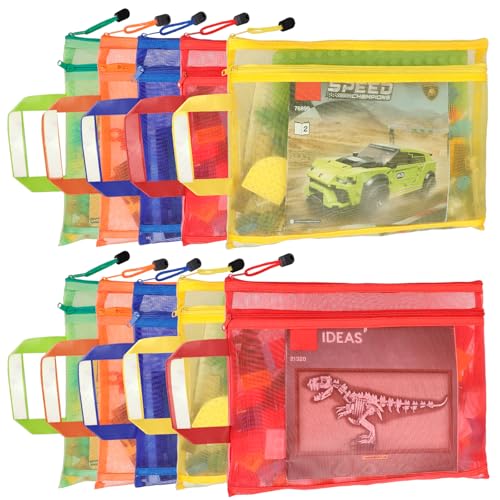 10 Pack 5 Color Mesh Zipper Pouch Bags, Nylon Puzzle Building Block Sets Toy Storage & Organization, Breathable See Through A4 Zipper Pouch with Handle for School Games - size: 2L-10A4-RGB