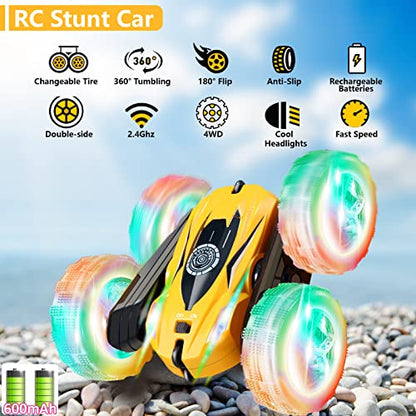 FREE TO FLY Remote Control Car for Boys 6-12: Kids Rc Stunt Car 2.4GHz Fast Race Car with Lights 4WD 360°Rotating RC Cars Toy Gifts Presents for Boys Girls Age 6 7 8 9 10 11 Year Old Yellow - color: Big Yellow
