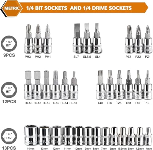 Egofine 46 Pieces 1/4 inch Drive Socket Ratchet Wrench Set, with Bit Socket Set Metric and Extension Bar for Auto Repairing and Household, with Green Storage Case - style: 1/4" 46 PCS-Green