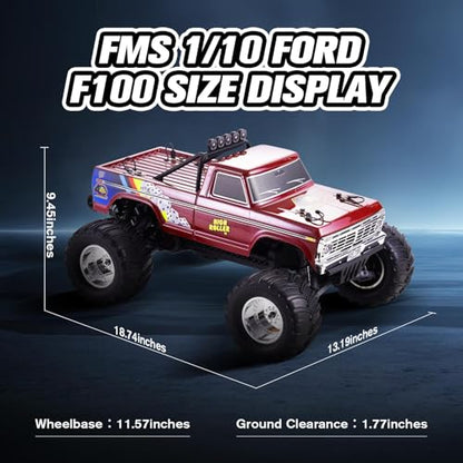 FMS 1/10 RC Truck Ford F-100,2WD Monster Truck with Licensed Body, 550 Brushed Motor, Oil Shocks, Independent Suspension – All-Terrain RC Crawler, High Speed Off-Road RC Car for Gift（Red High Roller） - color: Red High Roller