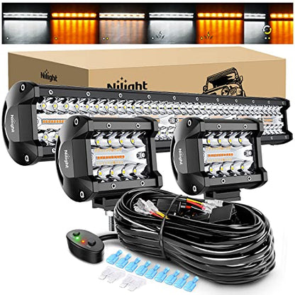 Nilight 20inch Light Bar 4inch Pod Amber White Strobe 6 Modes Light Kit | Constant/Flash 6 Modes Auxiliary Lights, Spot-Flood Combo Beam, 22" 420W bar 2×4" 60W Pod light w/ Wiring Harness - color: Amber&White - 20Inch Light Bar + 2Pcs 4Inch Pods + Wiring