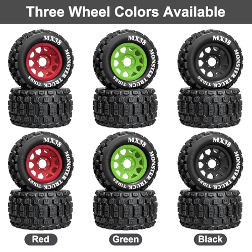 LRFHL MX38 F/R 3.8" RC Tires and Wheels with 17mm Hex Adapter, 4PCS, Black | 1/7 1/8 RC Monster Truck Tires, for Arrma Notorious Outcast Kraton 6S Traxxas E-Revo RC Car Upgrade - color: Black Tires+ Black Wheels