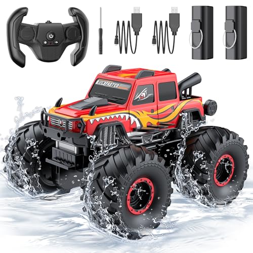 WayEee Amphibious Remote Control Car All Terrain RC Monster Truck Toys/Red | waterproof 4X4 monster truck off-road vehicles 2.4GHz remote control 1/18 Scale rc car toy for kids 6+ boys girls gifts - color: Red