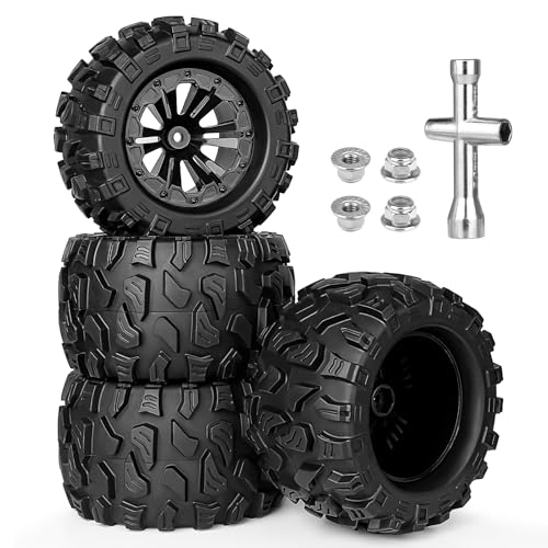 2.8“ PreGlued RC Truck Wheels and Tires 12mm Hex w/Foam Inserts for Traxxas Rustler Stampede 4X4 VXL Hoss 4x4 Blackout XTE Pro 1/10 Scale RC Monster Truck Tyres Set (4-Pack)