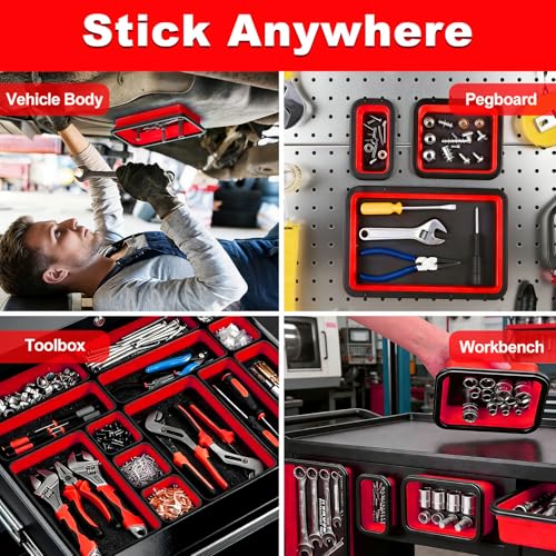 Collapsible Magnetic Parts Tray Set, 3 Different Sizes，Red | 3 Different Sizes, Extra Strong Magnet Up to 18LB, Silicone Foldable - color: Red