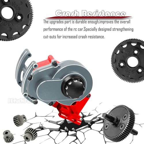 Transmission Case Gearbox w/Spur Gear Upgrades Part for 1/10 Slash/Stampede/Bandit/Rustler 2WD (VXL),RC Aluminum Transmission Gearbox Hops Up,Titanium & Red - color: Titanium - (Gear Gearbox)