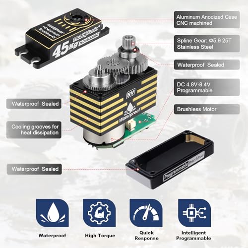 HobbyPark 45kg RC Servo High Torque Waterproof RC Steering Servo Metal Gear Digital Servos Stainless Steel Gears Aluminum Case for 1/7 1/8 1/10 RC Crawler Car Truck Buggy HV (Brushless Motor)