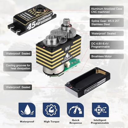 HobbyPark 45kg RC Servo High Torque Waterproof RC Steering Servo Metal Gear Digital Servos Stainless Steel Gears Aluminum Case for 1/7 1/8 1/10 RC Crawler Car Truck Buggy HV (Brushless Motor)