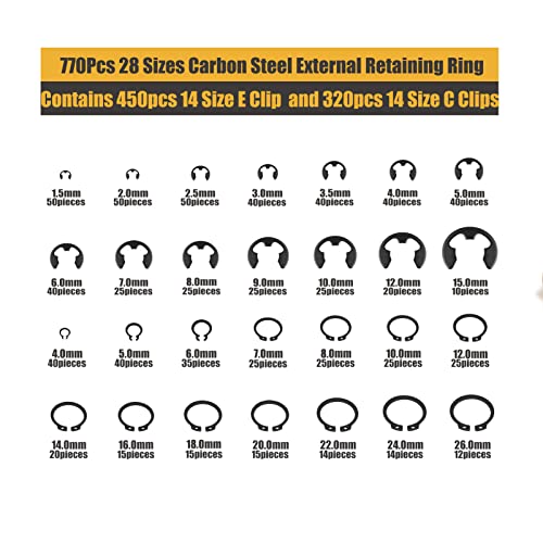 770Pcs C Clips Assortment Set (4mm-26mm) and E Clips Assortment Kit (1.5mm-15mm), External Retaining Rings, 28 Sizes Snap Rings Assortment Kit, Black Carbon Steel Circlip Retaining Rings - size: 770PCS