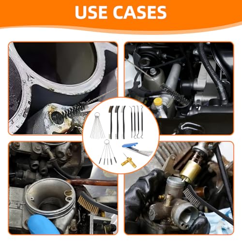 Carburetor Cleaning Kit, Double-Ended Brushes for Small Engines | 13 Wires, 10 Needles, 5 Nylon Brushes, 3 Double-Ended Brushes, Scraper & 4 Hooks; for Chainsaws, Lawn Mowers & Welders