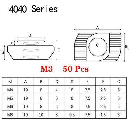 50pcs 4040 Series M3 Thread T Nuts Hammer Head Fastener Nut Sliding T-Nut,Nickel Plated Carbon Steel Nut for 40 Series Aluminum Extrusion Profile T Slot 8mm (4040 Series M3) - size: 4040 Series M3