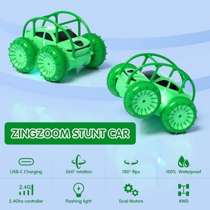 Remote Control Car, Fast Direct Charging RC Cars Amphibious Rechargeable Stunt Car 360° Rotating LED 2.4Ghz 4WD All Terrain Water-Resistant Toy Christmas Birthday Gift for Kids Boys - color: Green