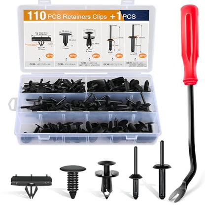 GOOACC 111Pcs Bumper Retainer Clips with Fastener Remover Plastic Rivets Grille Fender Flare Hardware Car Compatible with 2007-2024 Jeep Wrangler 2005-2010 Grand Cherokee 2002-2010 Liberty KJ & KK - color: 110Pcs Clips + Fastener Remover