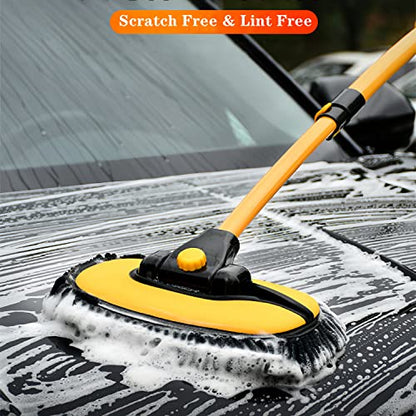 MVEQRRN 15° Curved Chenille Car Wash Brush Mop with Long Handle(Yellow) | Chenille car wash mop accessories, cleaning brush supplies, microfiber replacement head, for cars trucks RV - color: Yellow-003