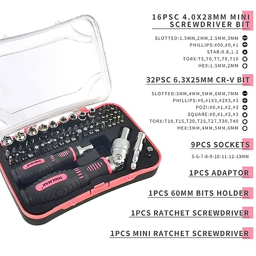Ratcheting Screwdriver Set, 61pcs Socket & Precision Bit Set | Cr-V Steel, Rotatable Ratchet Handle & Storage Case, Ideal for Bikes, Electronics, Watches & Glasses - style: 61pcs Pink Ratchet Screwdriver
