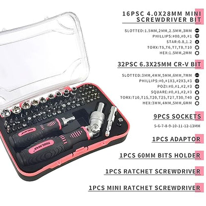 Ratcheting Screwdriver Set, 61pcs Socket & Precision Bit Set | Cr-V Steel, Rotatable Ratchet Handle & Storage Case, Ideal for Bikes, Electronics, Watches & Glasses - style: 61pcs Pink Ratchet Screwdriver